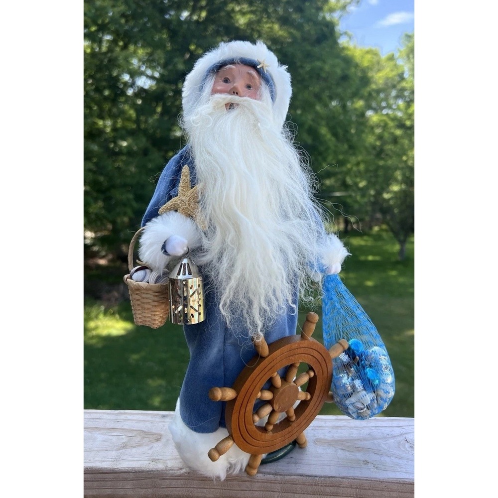 Byers Choice 2010 Nautical Blue Santa Starfish Ship's Wheel, Seashells, Lantern